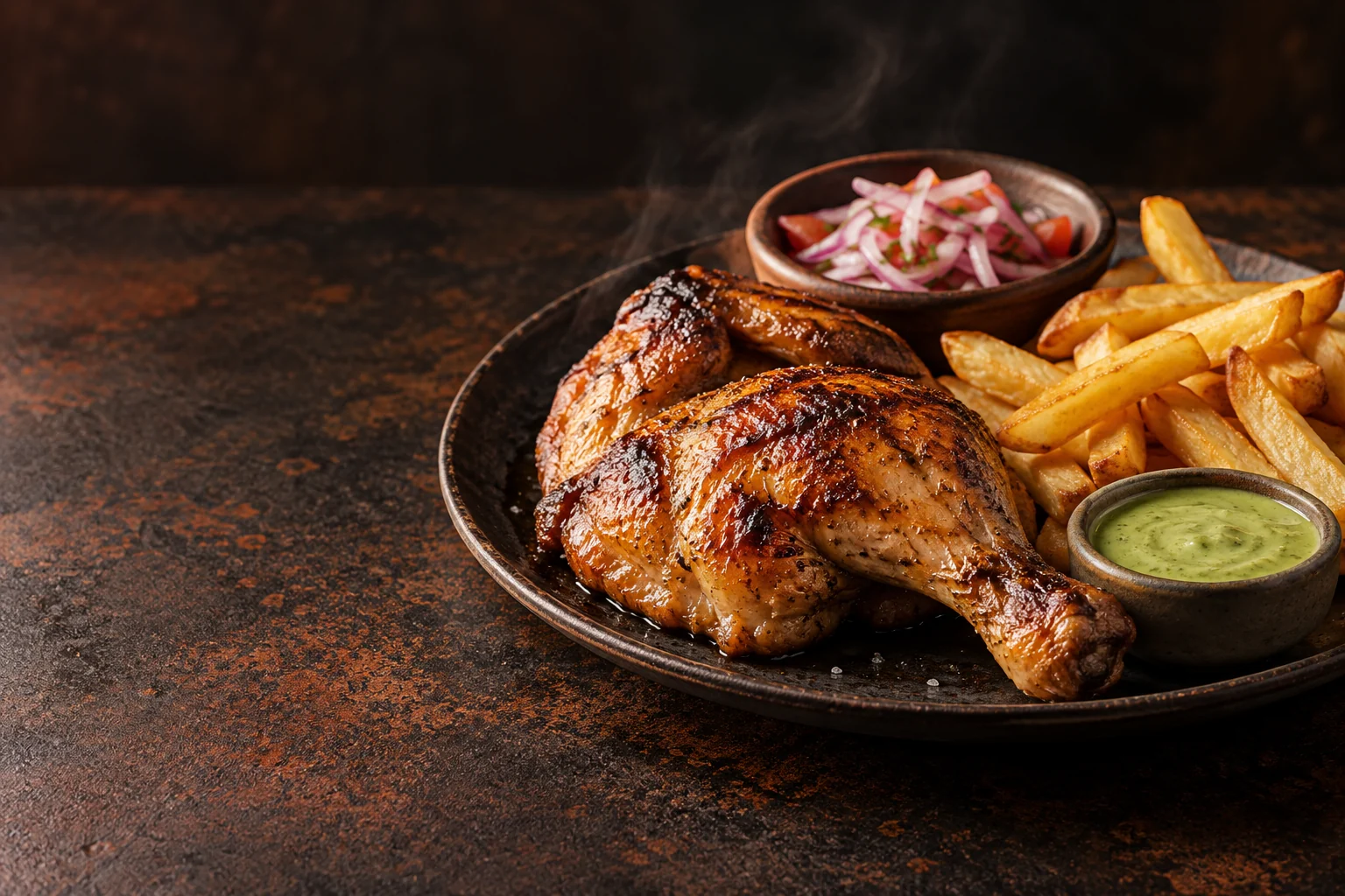 Pollo a la brasa con papas, fotografía ilustrativa creada para la demo BRASA
