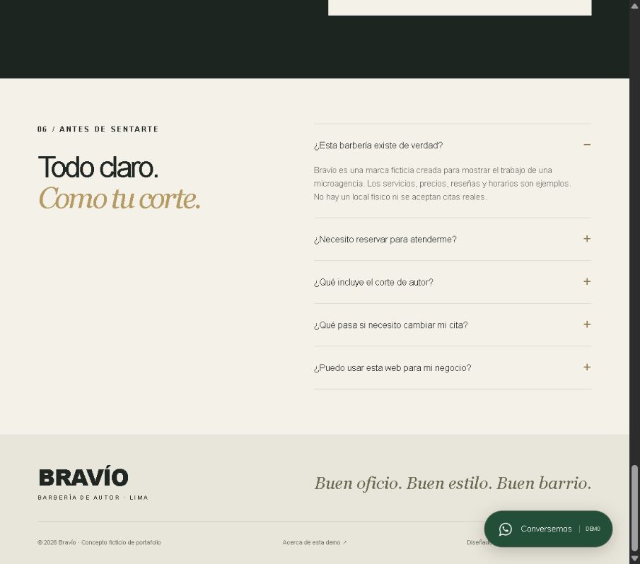 Vista de la demo de diseño Bravío, barbería ficticia
