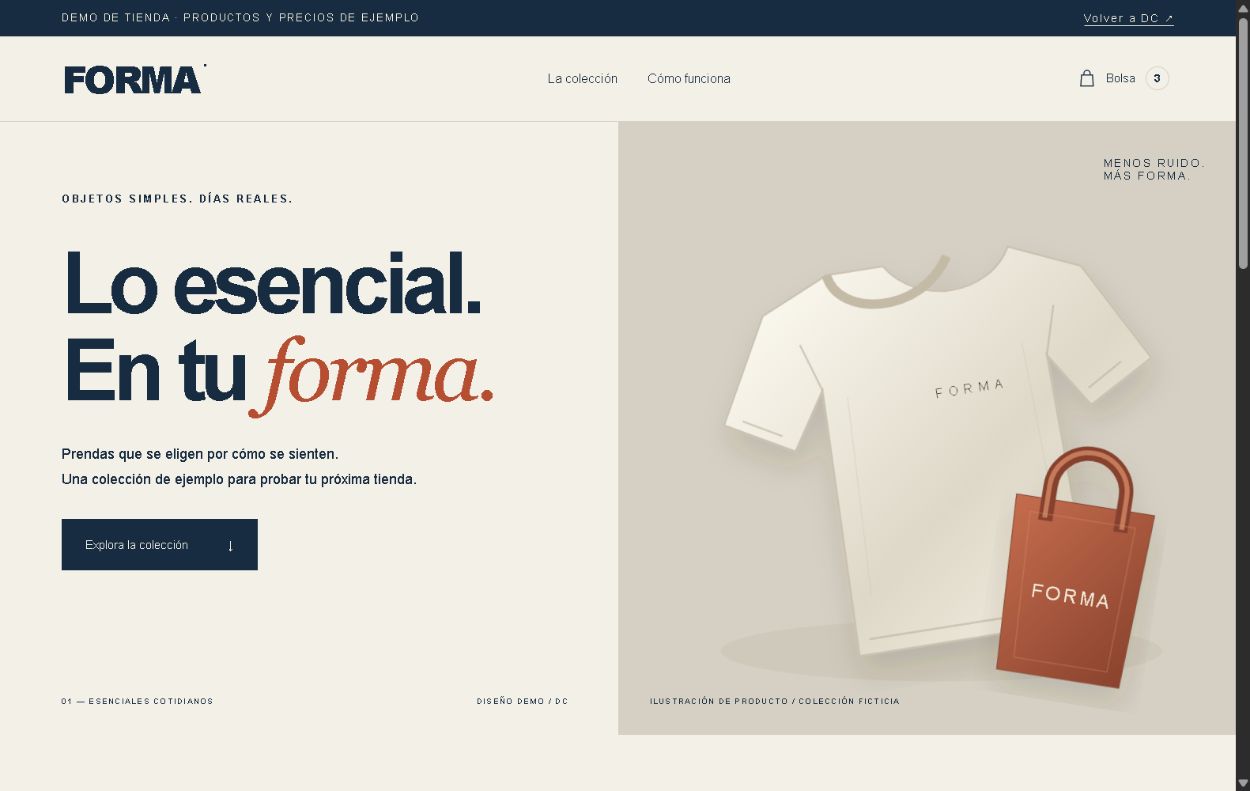 Diseño de la tienda de demostración FORMA, con prendas ilustradas y colección de ejemplo